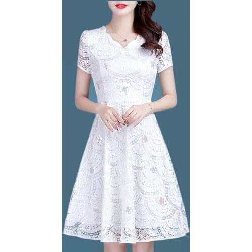S-4XL Summer Dress Women Elegant Vintage Sexy Lace A-line Vestidos Feminine Short Sleeve Slim Plus Size For Party 9130