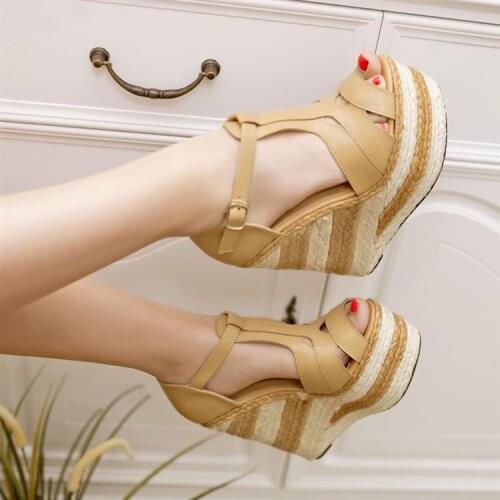 National Wind Hit Color Thick Bottom Straw Wedges Sandals 14 Cm Super High Heel Roman Womens Sandals Small Size Female Shoes 33