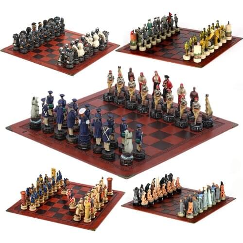 Viking Theme Chess 32 Painted Pieces with Embossed Leather Board Chess Pieces Go Game Chess Board Chess Set Luxury