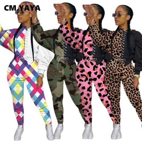 CM.YAYA Streetwear Leopard Sweatsuit Womens Set Lace Up Sweatshirt Jogger Pants Set Active Tracksuit Two Piece Fitness Outfit
