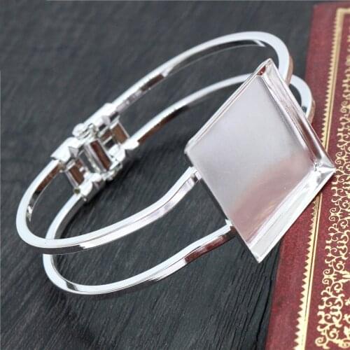 High Quality 25mm Silver Plated Square Bangle Base Bracelet Blank Findings Tray Bezel Setting Cabochon Cameo (L6-29)
