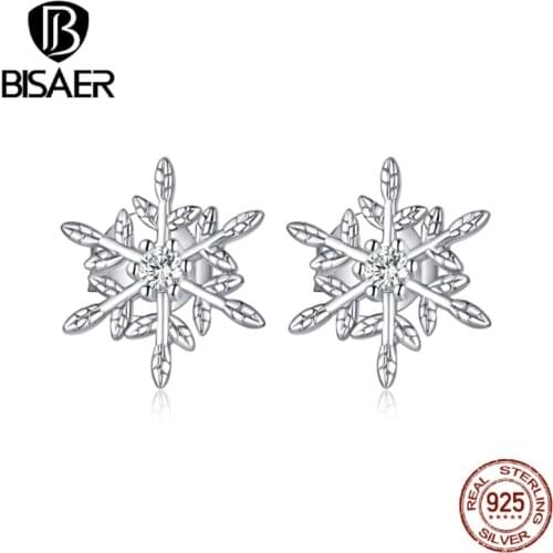 BISAER Romantic Snowflakes Earrings Real 925 Sterling Silver CZ Small Stud Earrings For Women Wedding Jewelry EFE424