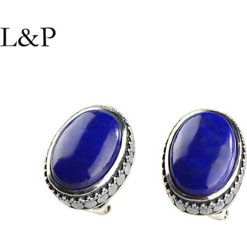 L&P Vintage Oval Genuine Afghan Lapis Earrings 925 Sterling Silver Fine Jewelry For Women best gift