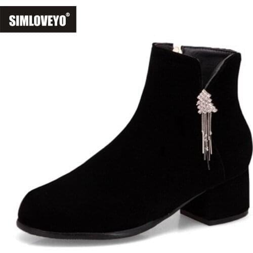 SIMLOVEYO Spring Autumn Ankle Boots Woman Suede Round toe Rhinstone Female Zipper 2022 Chunky Square Heels Small Big 32-52 S2407