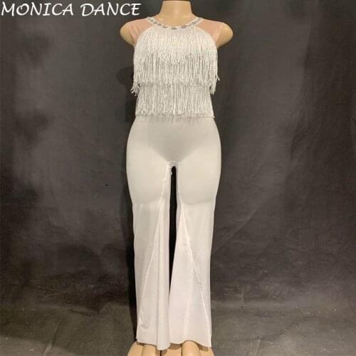 Women Sexy Stage White Fringes Rompers Sexy Tassel Dance Costume Women stage Performance Bodysuit Sexy Nightclub Jumpsuit
