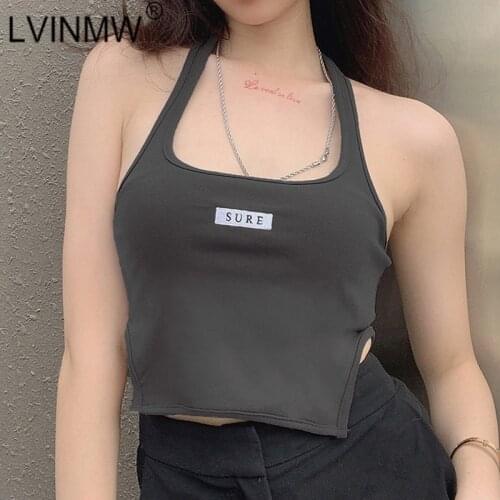 LVINMW Backless Sexy Slim Side Split Letter Embroidery Tank Tops Halter Labeling Casual Fashion Crop Top Women Outfit For Summer