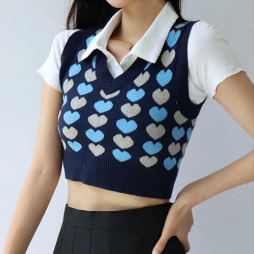 Women V Neck Sweetheart Print Knit Vest With Ribbed Trims