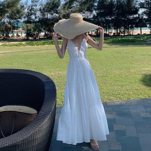 Sexy V-neck Backless Strapless White Dress for Women Summer New Long Maxi Dress Casual Holiday Beach Vestidos