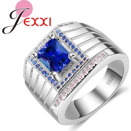 New Arrival Striped Wide Finger Rings with Blue Cubic Zirconia for Women Girls 925 Sterling Silver Wedding Jewelry