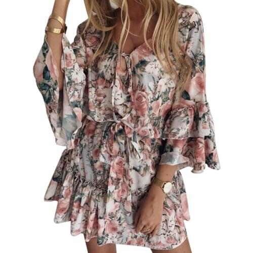2021 Summer New Women Three Quarter Sleeve V-Neck Ruffles Mini Dress Elastic Waist Floral Print Chiffon Vestidos