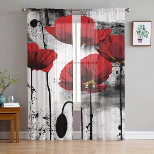 Ink Painting Poppy Red Flower Print Sheer Window Panel Curtains Room for Living Room Bedroom Kitchen Room Chiffon Tulle Curtains