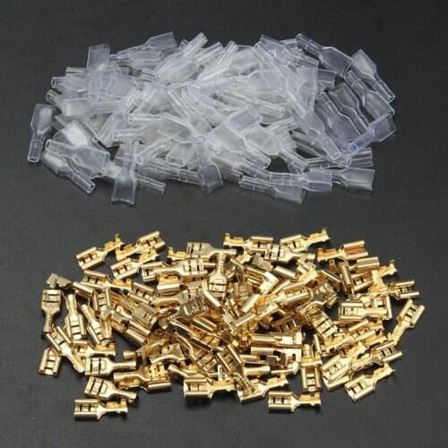 100x 6.3mm Gold Crimp Terminal Female Spade Electrical Connectors & Insulating Sleeve Wrap Kit Car Electrical Terminals