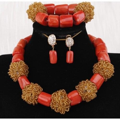 4UJewelry Orange African Coral Jewelry Set Beads Woman Gold Balls Coral Nigeria Wedding Necklace Earrings Set