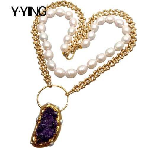 Y·YING natural Freshwater White Rice Pearl Chain Necklace Purple Amethysts Druzy Pendant 17" necklace office style for women