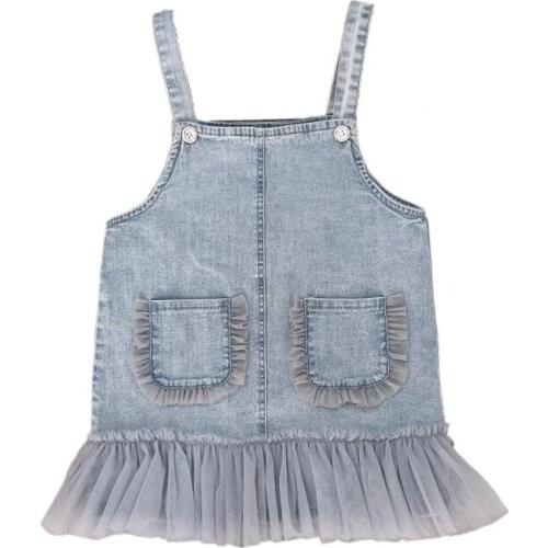 2021 Girls Spring Summer New Denim Dress Academy Style Sweet Solid Color Children Gauze Vest Sleeveless Kids Suspender Dress
