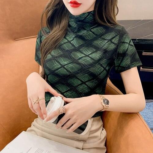 Women T-shirt Oversized Short Sleeve Tees Harajuku Plaid Female Tops Half-turtleneck Womens Korean Fashion T-shirts Streetwear