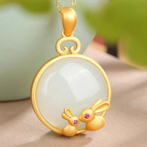 Natural Hetian Jade White Jade S925 Sterling Silver Pendant Female Rabbit Necklace Fashion Trend Minimalism Retro Personality Pe