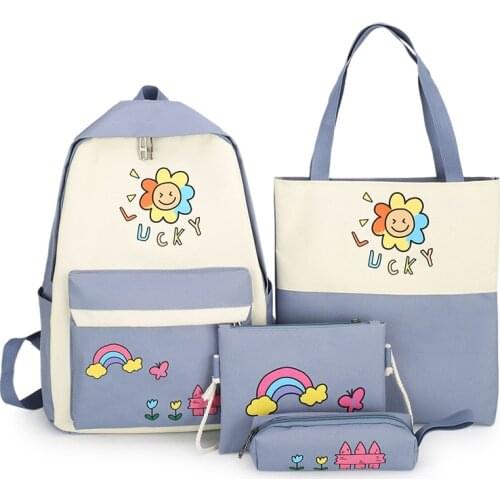 2021 Preppy Style 4Pcs/set Canvas Laptop Backpacks Women School Bags for Teenage Girls Book Bag Student Travel Backpack