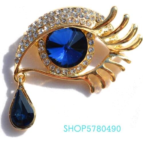 Individual Jewelry Rhinestone Tear Eye Brooch Blue Color Crystal Women Vintage Breast Pin Ladies Overcoat Dress Accessories