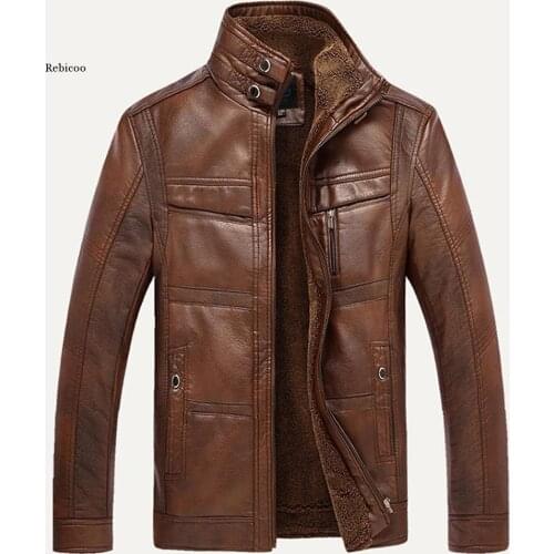 Men Long Sleeve Stand Collar Faux Leather Fleece Lined Zip Warm Short Jacket Men Zipper Bomber Jacket Streetwear Slim-Fit Coat
