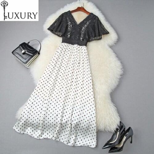 Summer One Piece 2020 Style Ladies V-Neck Crochet Lace Embroidery Polka Dot Print Patchwork Flare Sleeve Casual Dress Sun