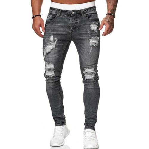 Summer Men Jeans Stylish Ripped Hole Jeans Denim Pants Pockets Button Skinny Long Trousers Sports Fitness Streetwear 2021 джинсы