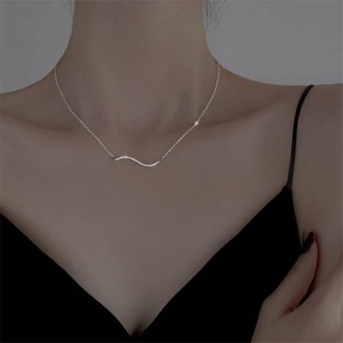 100% Silver 925 Sterling Necklace For Women Jewelry Fashion Crystal Wave Pendant Necklace Girl Clavicle Accessories Female Bijou