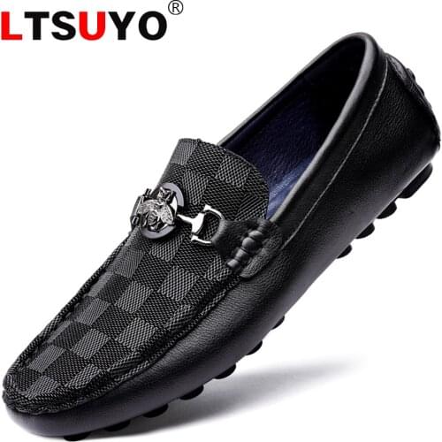 Mens leather small bee peas shoes, fashionable high-end brand driving shoes, soft sole soft surface casual leather shoes