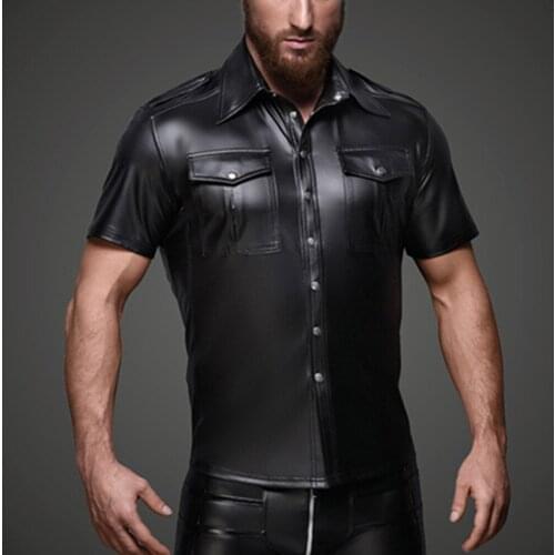 Mens Shirts PU Leather Short Sleeve Slim Fit Tshirts Male Dance Stage Clubwear T-shirt Men Gothic Streetwear Tops Tee Plus Size