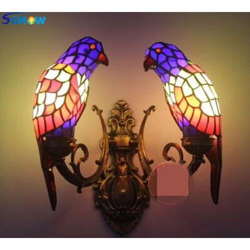 SGROW Hand-made 2 Heads Glass Parrot Lampshade Lights for Bedroom Aisle Tiffany Wall Lamp Indoor Lighting Fixtures Sconce Wall
