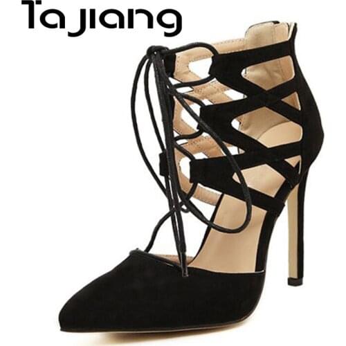 Ta Jiang Flock Leather Cross-Strap Women High Heels Summer Gladiator Sandals Fashion Ladies Dress Shoes Woman