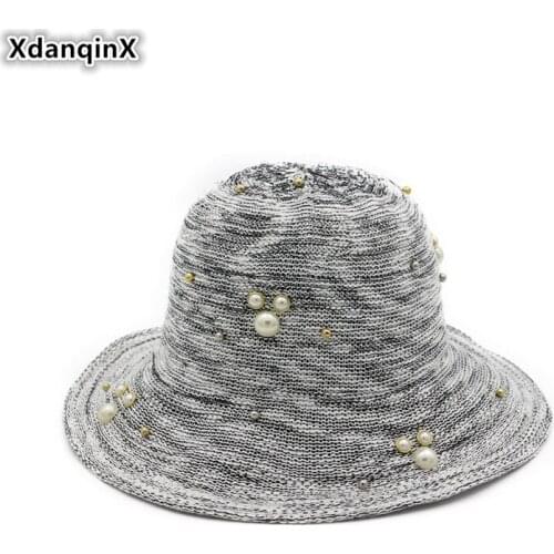 XdanqinX 2019 New Womens Breathable Straw Hat Foldable Female Bucket Hats Elegant Fashion Pearl Decorated Beach Hats For Women