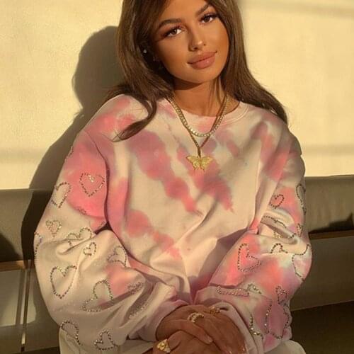 Y2K Fashion Love Pattern Hoodies Graphic Rhinestone Oversized 90s Streetwear Diamond Pink White Tie Dye Thick Pullovers