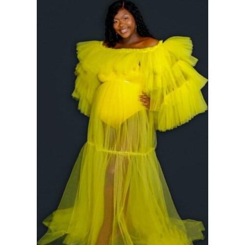 Bright Yellow Tulle Ruffles Maternity Photoshoot Dresses Bridal Fluffy Prom Gowns Photography Costume Wear Bathrobe