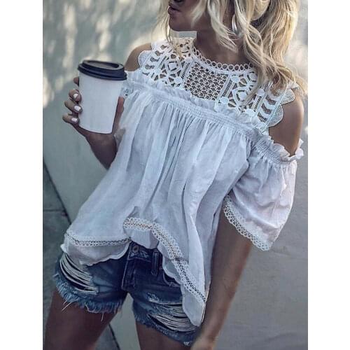 US Womens Summer Off Shoulder Short Sleeve Shirt Lace Casual Tops Blouse