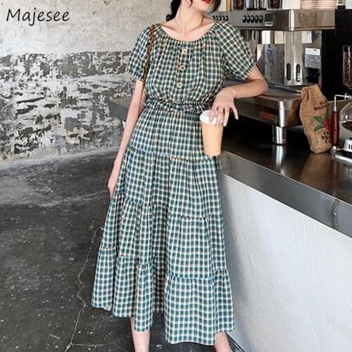Sets Women Green Plaid Shirts Skirts Ruffles Empire Vintage Students Design Sweet Cropped Mid-calf Summer Trendy Harajuku A-line