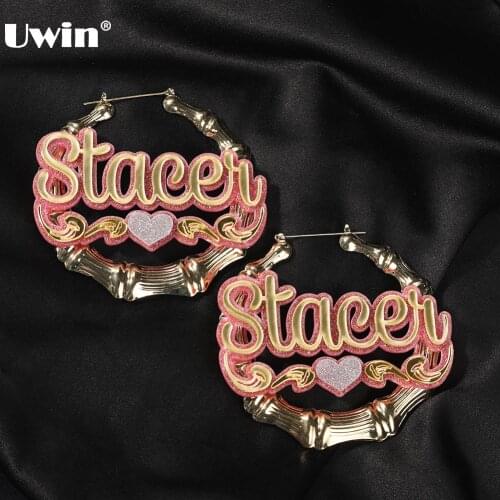 Uwin Customize Name Earrings for Women Stainless Steel Bamboo Ear Hoop Glitter Name Personalized Big Earrings Hip Hop Jewelry