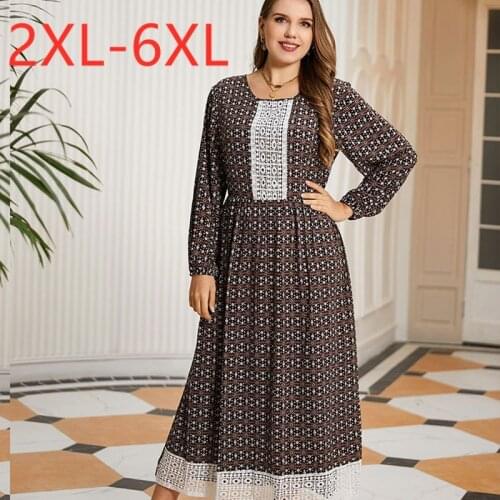 New 2021 Bohemia Spring Autumn Plus Size Long Dress For Women Large Long Sleeve Slim Casual Floral Print Dress 3XL 4XL 5XL 6XL
