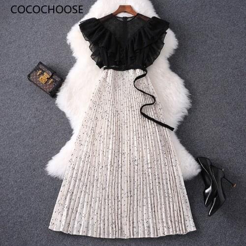 France Fashion Vintage Party Dress Women Luxury Ruffled Lace Chest 2021 Spring Runway Designer Dot Print Pleated Dresses