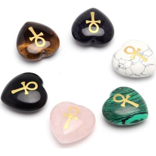 2021 New Arrivals Heart-shaped Small Ornament Engraved Egyptian Ankh Cross Mysteriou Rune Reiki Symbol Healing Crystal Jewelry