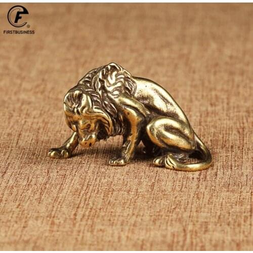 Antique Bronze Strong Lion King Statue Vintage Copper Tiger Lion Leopard Sculpture Ornaments Animal Tea Pet Figure Desktop Decor