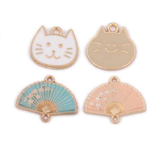 DIY Jewelry Findings Handmade Craft Kawaii Animal Cat Fan Enamel Alloy Charms Ornament Accessories Girl Necklace Pendants 10pcs