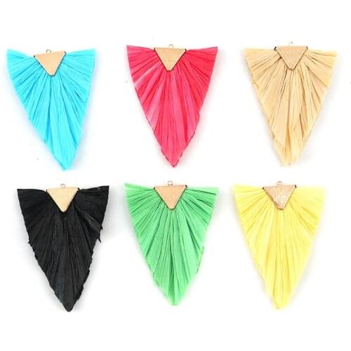 Doreen Box Raffia Tassel Pendants Geometric Triangle Gold Color DIY Fashion Jewelry Accessories 75mm(3") x 55mm(2 1/8"), 2 PCs