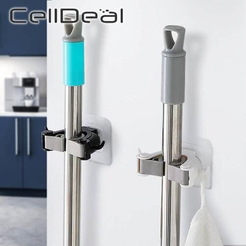 Dual Racks Wall Mounted Mop Handle Bar Holder Rack Space Saver Brush Broom Organizer Hanger Hooks Waterproof Kitchen Bathroom
