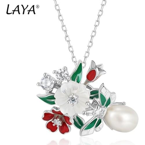 Laya 925 Sterling Silver High Quality Zircon Natural Pearl Shell Flower Leaf Enamel Necklace For Women Trendy Jewelry 2021 Trend