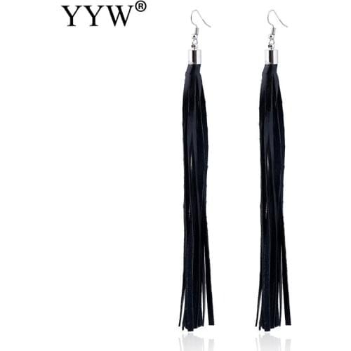 Trendy Vintage Black Long Tassel Designer Handmade Length 15cm Fringe Black Leather Earrings For Women Party Jewelry