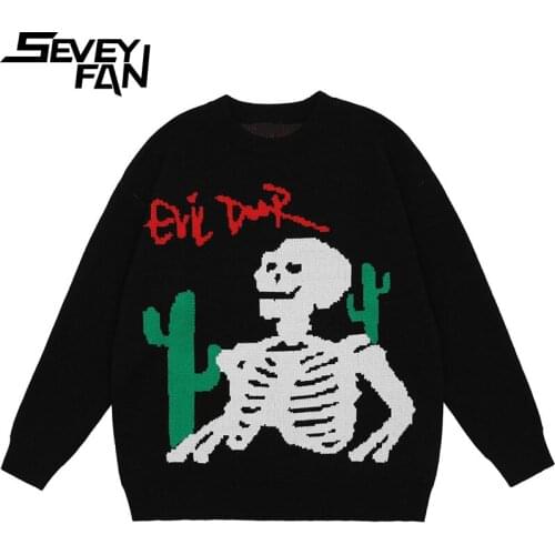SEVEYFAN Mens Hip Hop Cartoon Skull Sweater Streetwear Loose O Neck Knitwear Autumn Pullover Sweaters for Couples