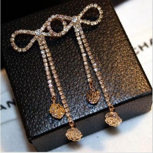 New Cute Bowknot Women Dangle Earrings Full Stones Long Tassel Drop Earrings High Quality Fashion Jewelry