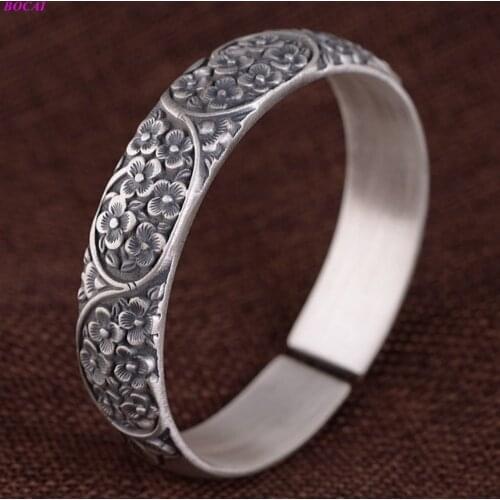 New S999 sterling silver bangle retro womens fashion national handmade plum blossom Thai silvercraft Matte Bracelet for women