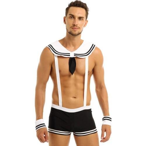 Sexy Men Sailor Costumes Sexy Lingerie for Man Hot erotic Halloween Party Cosplay Costume Suspenders Boxer Briefs +Collar +Cuffs